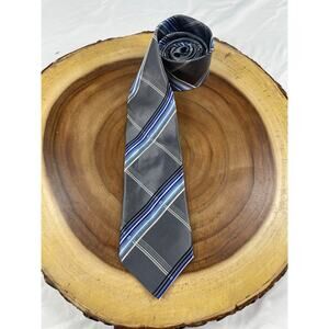 Geoffrey Beene Silk Plaid Striped Tie Grey Blue OS Professional Career